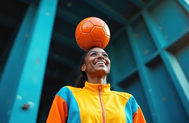 Young woman balances orange soccer ball on head. She smiles brightly in urban setting wearing sporty colorful jacket. Athlete enjoys game outdoors in daytime.