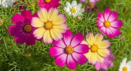 Fototapeta premium Vibrant Cosmos Flowers Blooming in a Lush Green Garden.