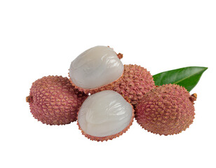 Lychee cluster with fresh translucent cores and textured reddish-pink skin on white