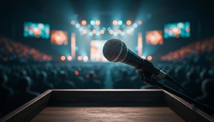 Microphone on podium in front of blurred audience and vibrant stage lights at a live event or conference.