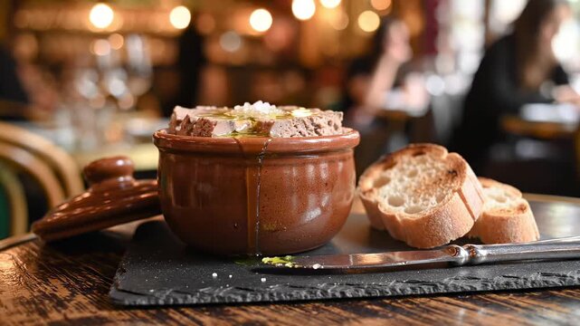 Rillettes de porc:  pork rillettes in a small crock, olive oil cap glistening, spread knife and toasted bread alongside; set on a slate over a wooden table in a Parisian bistro interior