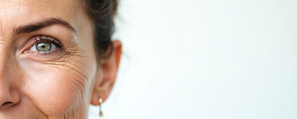 Mature woman half face with visible eye wrinkles. Natural healthy skin, beauty concept. Studio shot with copy space. Self care and anti-aging routine.