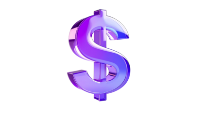 A glossy, purple-toned dollar sign against a stark black background