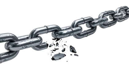 Severed metal chain with broken link, showcasing fracture against a black background
