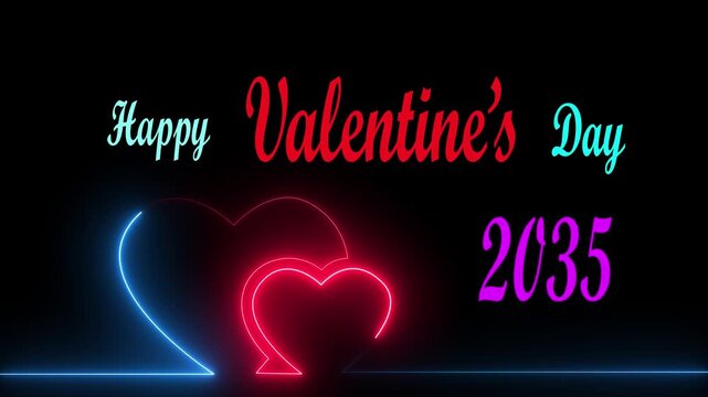 Neon glowing two love hearts animation for Valentine&rsquo;s Day and Happy New Year 2035 celebration, romantic one line heart symbol with bright neon glow.