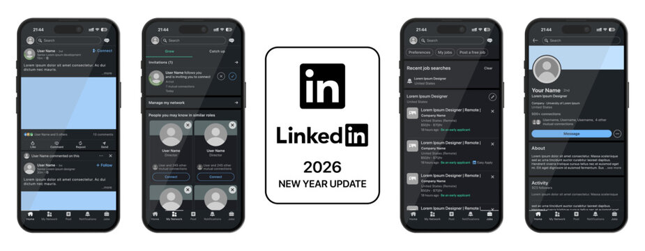 LinkedIn UI mockup 2026 update template with Home, Profile, Post, and Reels screens, transparent and green screen layouts, displayed on iPhone 17 Pro with logo.