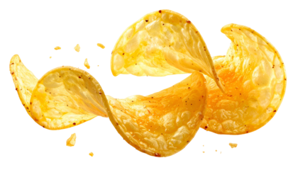 Close-up of seasoned potato crisps, golden and crispy, spiraling with loose crumbs