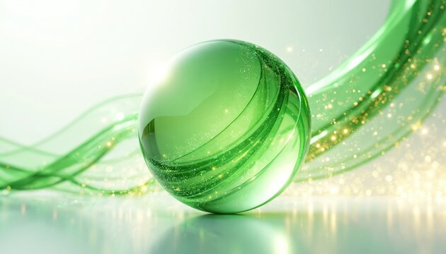 Green sphere with light green swirls and golden sparks float on reflective surface. Abstract digital art background with glowing particles and waves of light, representing innovation and growth. - Powered by Adobe