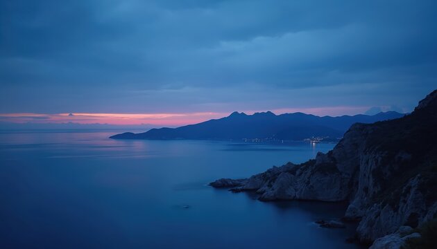 Calm blue ocean reflects soft pink horizon hues under dusky sky. Rugged cliffs meet tranquil sea water near distant mountain range with faint town lights. Coastal landscape serene evening nature. - Powered by Adobe