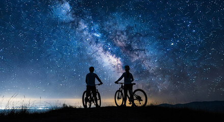 Fototapeta premium Silhouetted cyclists gaze at breathtaking starry night sky