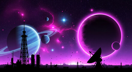 Vibrant space scene with planets and satellite dishes in purple galaxy