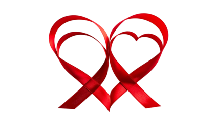 Two red ribbon hearts intertwined on a black background, representing love and awareness