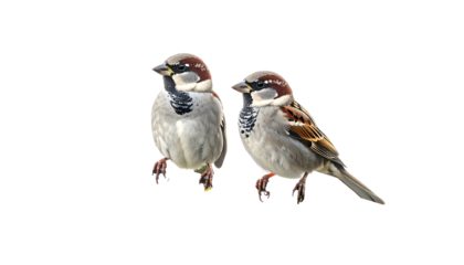 Two brown and grey birds perched close together, facing toward the same direction