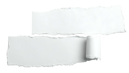 Torn white paper strips overlapping, one with a curled edge, isolated on black