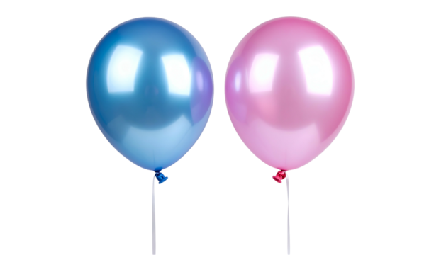 Two shiny, inflated balloons one blue, one pink. Both have thin strings against black - Powered by Adobe