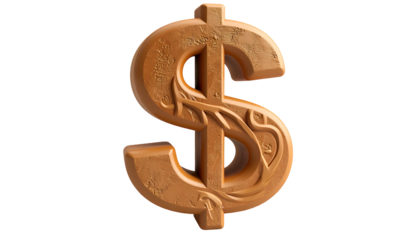 Three-dimensional, ornate dollar sign, textured bronze, with vine-like detail, against black