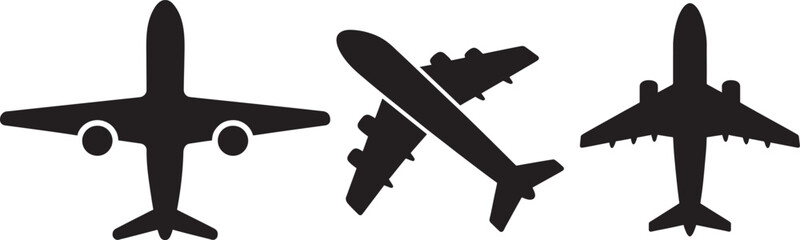 A simple black silhouette of a passenger airplane against a white background