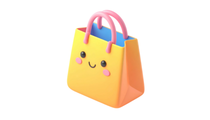 Cartoonish shopping bag with a smiling face, pink handles, and a gradient color design