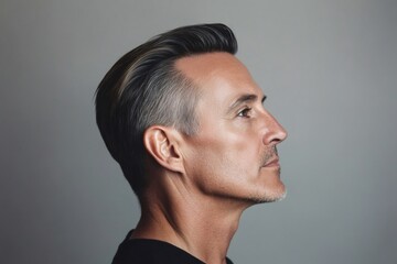 Fototapeta premium Confident mature man with gray short hair in profile, thoughtful studio headshot on white background, elegant, well groomed and serious looking