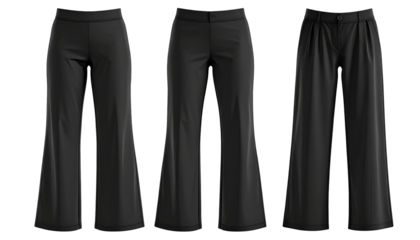Three variations of black trousers, from straight to flared, on a dark background