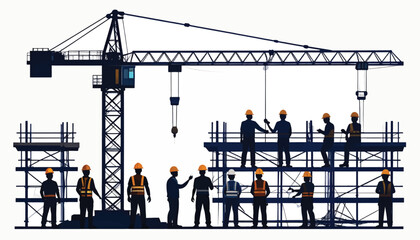Construction workers on scaffolding with crane in action