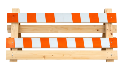 A wooden traffic barricade with orange and white diagonal stripes