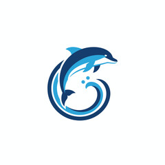 Dolphin leaping over circular waves in dark and light blue colors