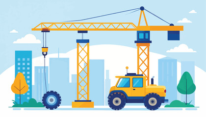 Vibrant construction site with crane and truck in modern cityscape