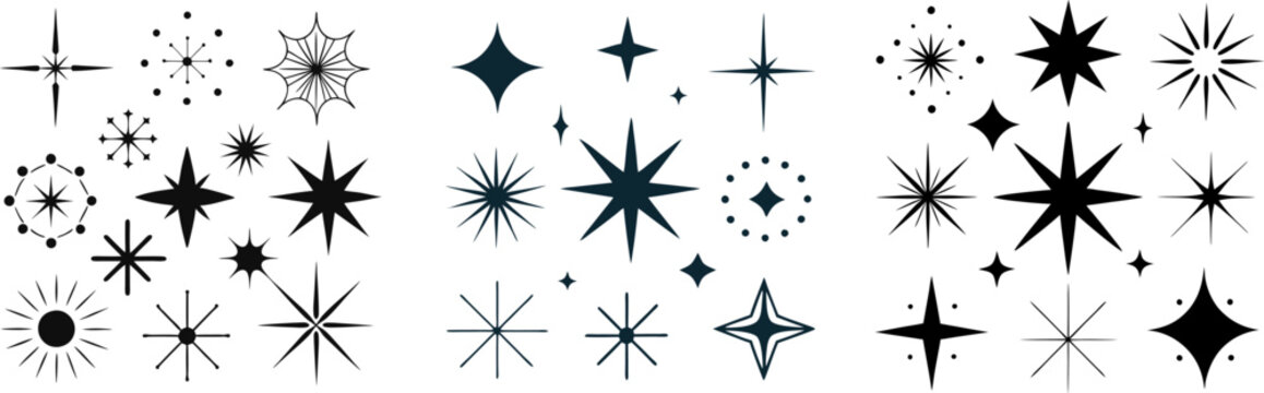 graphic pack, star highlights, shiny elements, flash icons, visual effects, embellishment icons, web design elements, star clipart, decorative accents, graphic symbols, minimal vector icons, monochrom