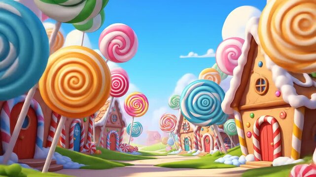 Sweet escape to a whimsical candy land with gingerbread houses and lollipop trees under a bright