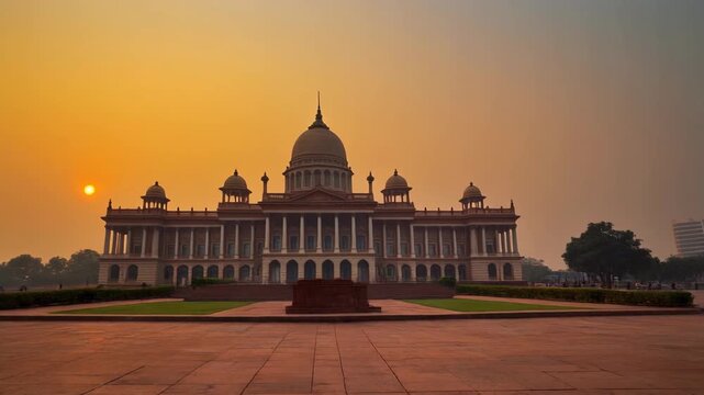 Grand architectural marvel at sunset, possibly a historic palace or government building in India, bathed in warm golden light.