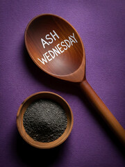 Ash Wednesday Religious Symbol with Ashes in Wooden Bowl and Spoon on Purple Background