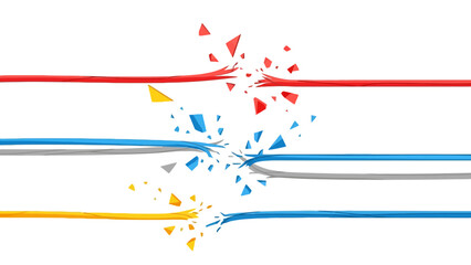 Four horizontal colored lines red blue gray yellow breaking apart in the center with polygonal debris