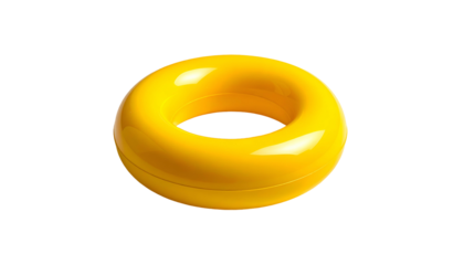 A glossy, vibrant yellow doughnut-shaped object isolated on a stark black background