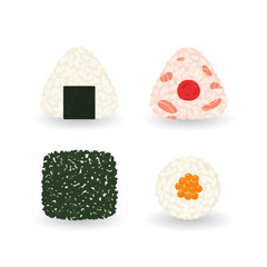 Four styles of Japanese rice balls onigiri illustrated against a white background