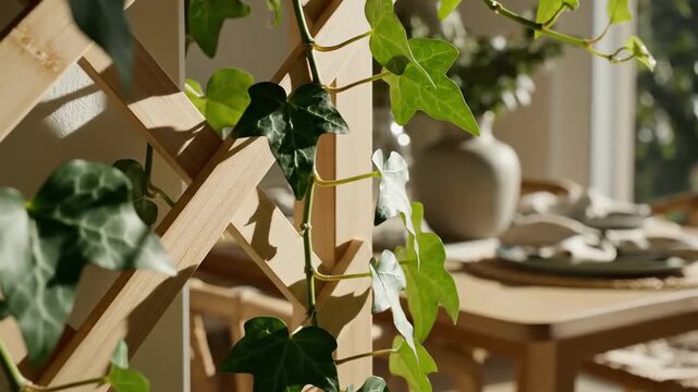 Tranquil Ivy Vines Adorn Wooden Trellis Creating Natural Ambience In Brightly Lit Interior Space