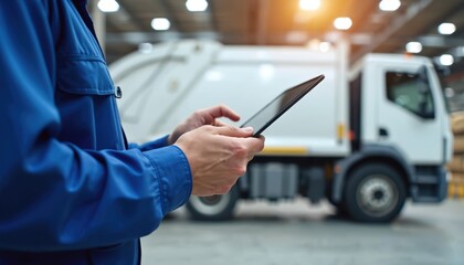 Worker holds digital tablet near garbage truck. Man plans waste collection route using mobile tech. Logistics manager supervises fleet operations with modern device.