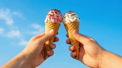 Romantic 4K Slow Motion of a Couple Toasting with Pink and Vanilla Ice Cream Cones Against a Bright Blue Summer Sky
