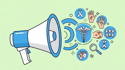 Megaphone announcing health awareness icons medical symbols and community support for healthcare campaigns flat vector illustration on light green background