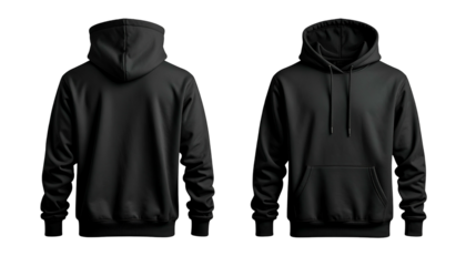 Front & rear views of a solid black hooded sweatshirt, showcasing details & texture