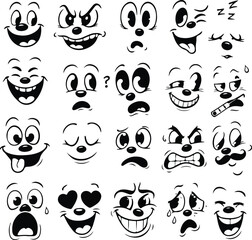 Funny retro cartoon character face drawing set on isolated background. Black and white vintage animation art style bundle