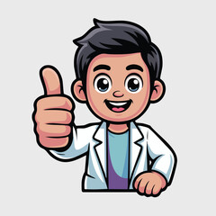Cartoon boy in lab coat giving thumbs up, smiling happily.