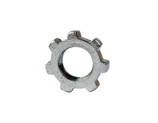 Metal gear nut with six-point star shape and chromed finish