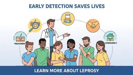 Doctor explaining leprosy prevention and early detection to a diverse community group illustrating treatment research and support concepts