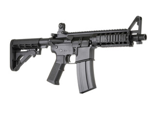 Modern tactical equipment with adjustable stock and rails for modular accessories