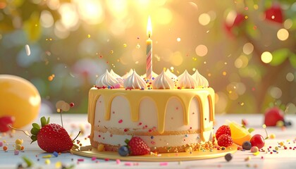 Festive birthday cake topped with fresh strawberries, raspberries, blueberries, and single lit candle, placed on wooden surface with glowing bokeh lights and “Happy Birthday” text above.