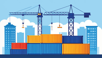 Vibrant cityscape with industrial cranes and colorful shipping containers