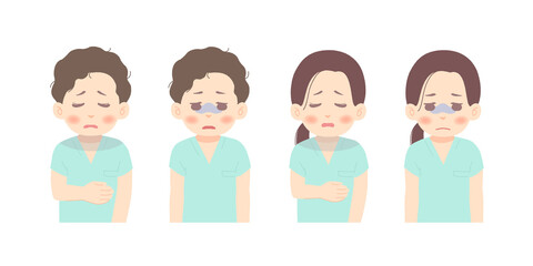 仕事のストレスや悩みで元気がない医師・医療従事者の上半身のイラストセット