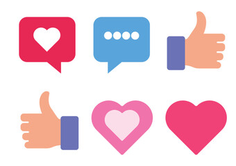 Social media icons displaying hearts speech bubbles and thumbs up reactions