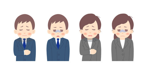 悩みを抱えてつらそうに俯いた若いビジネスマン（男性・女性）のイラストセット